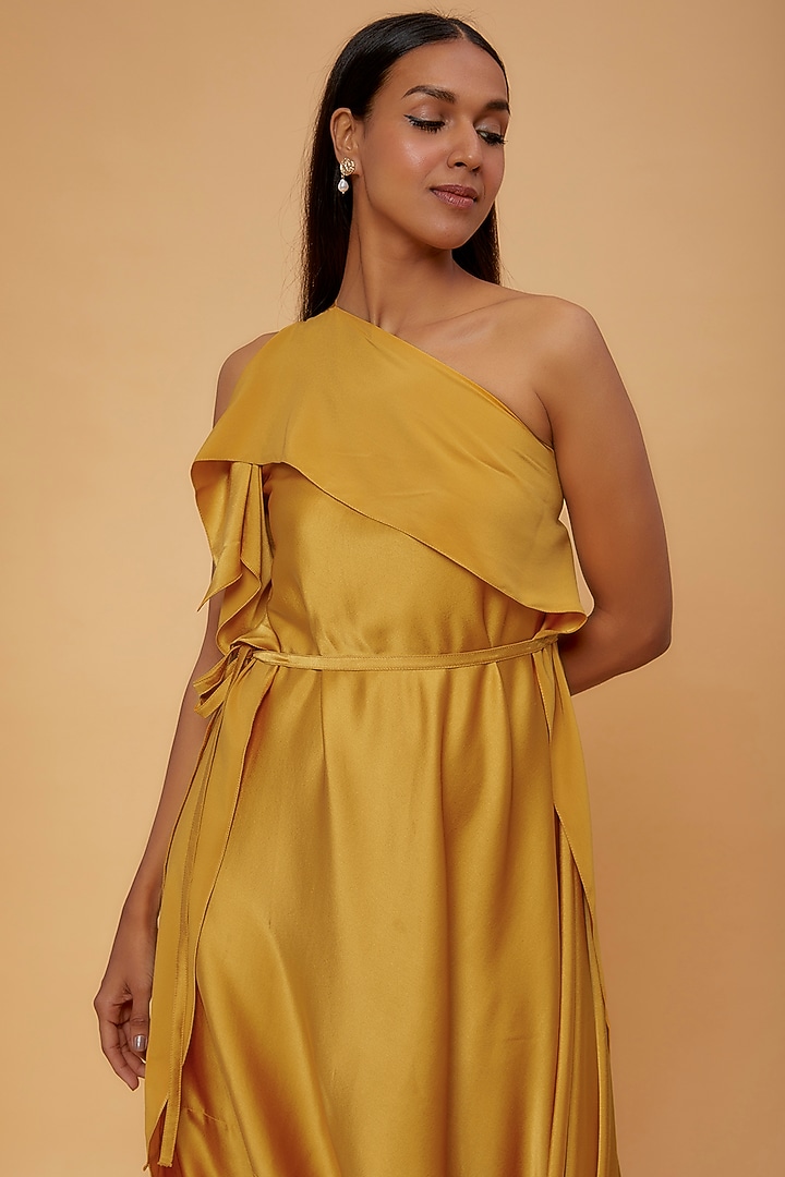 Gold Silk One-Shoulder Draped Vacation Dress by STEPHANY at Pernia's Pop Up Shop