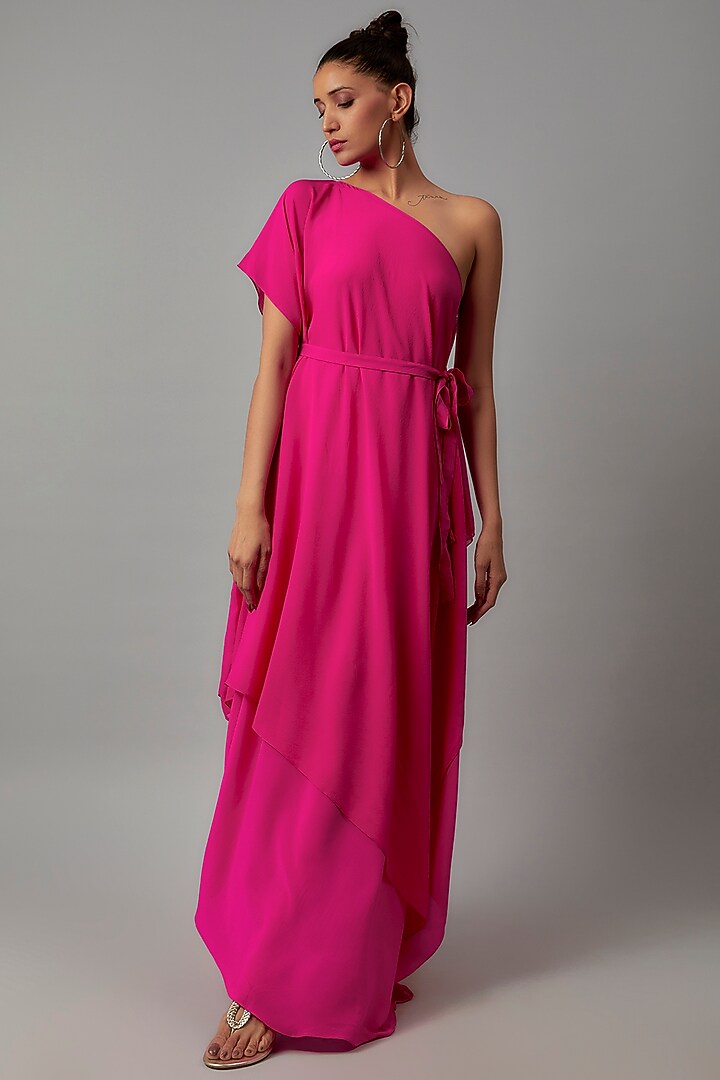 Pink Silk One-Shoulder Layered Cocktail Dress by STEPHANY at Pernia's Pop Up Shop