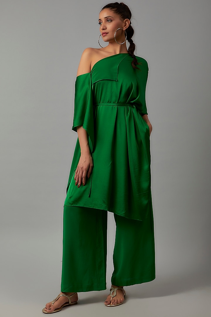 Green Silk Off-Shoulder Co-Ord Set by STEPHANY at Pernia's Pop Up Shop
