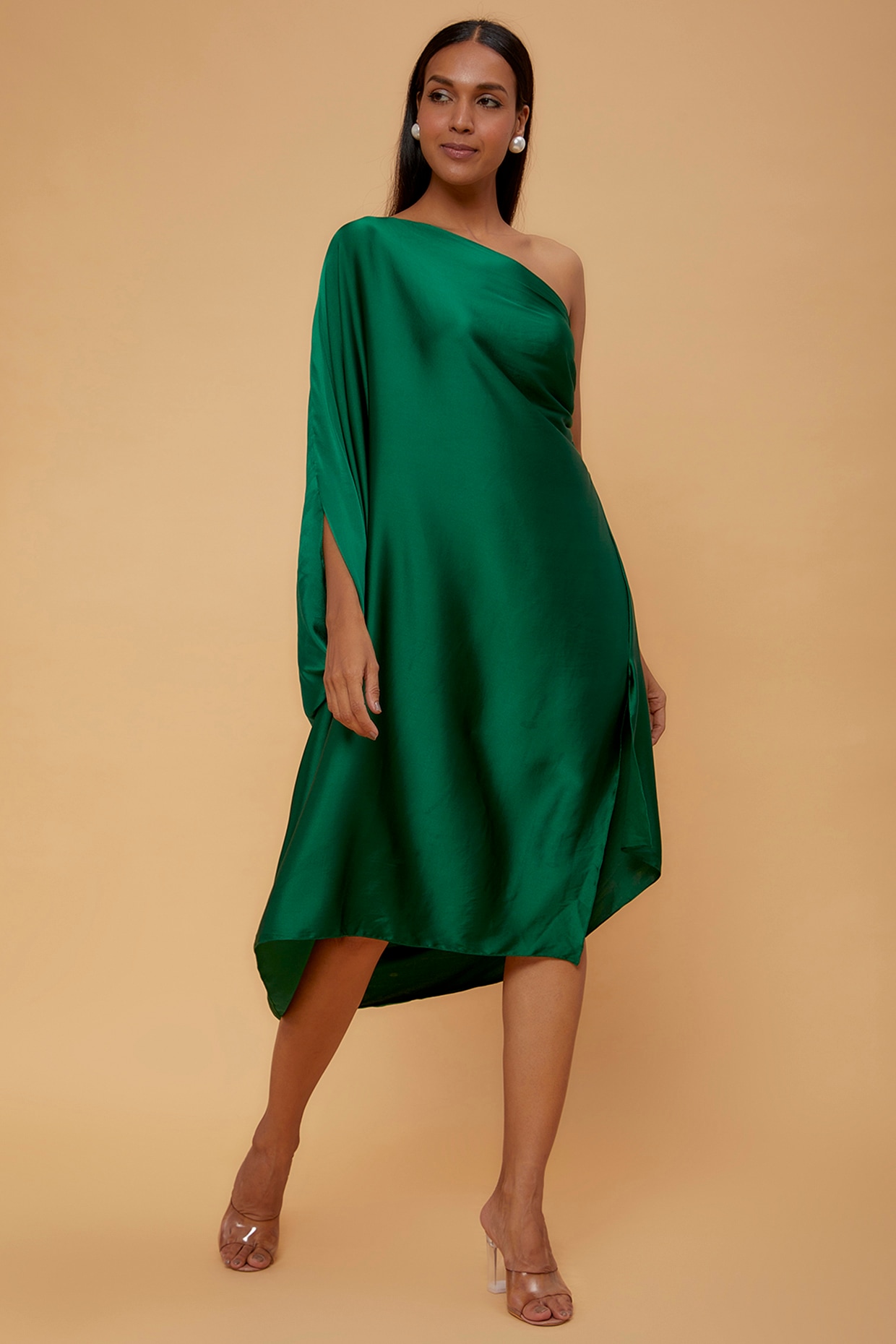 Green Silk Pleated One Shoulder Dress Design by STEPHANY at