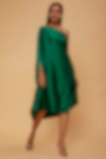 Green Silk Pleated One-Shoulder Dress by STEPHANY