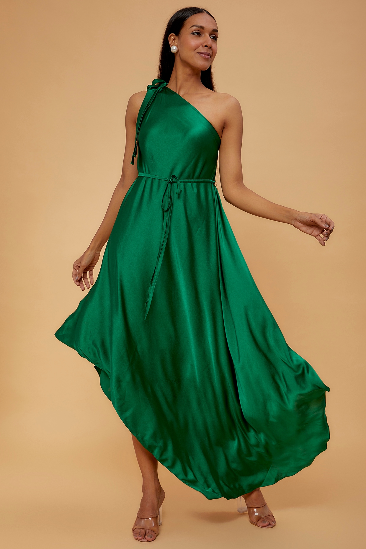 Green silk one shoulder dress hotsell