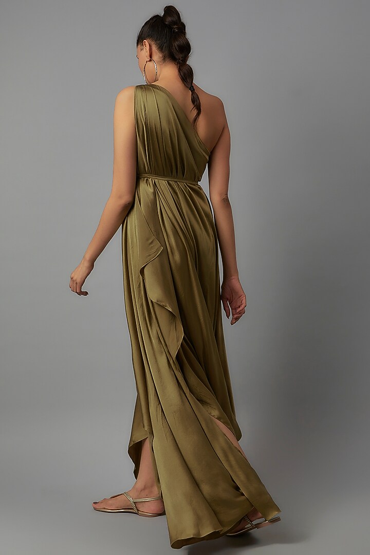 Green Silk One-Shoulder Draped Cocktail Dress by STEPHANY at Pernia's Pop Up Shop