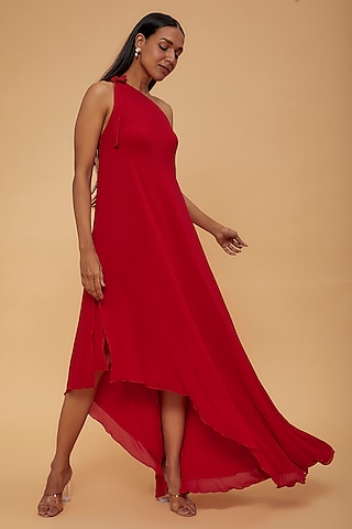 Red Silk One-Shoulder Dress by STEPHANY