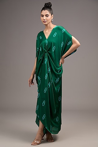 Green Silk Satin Georgette Tie-Dye Dress by Stephany