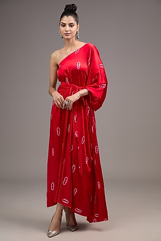 Red Silk Lycra Satin Tie-Dye One-Shoulder Wrap Dress by Stephany
