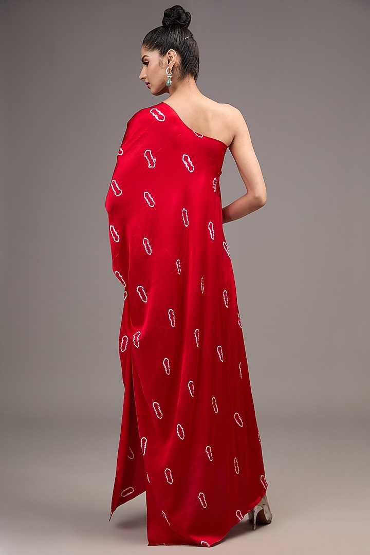Red Silk Lycra Satin Tie-Dye One-Shoulder Wrap Vacation Dress by Stephany at Pernia's Pop Up Shop