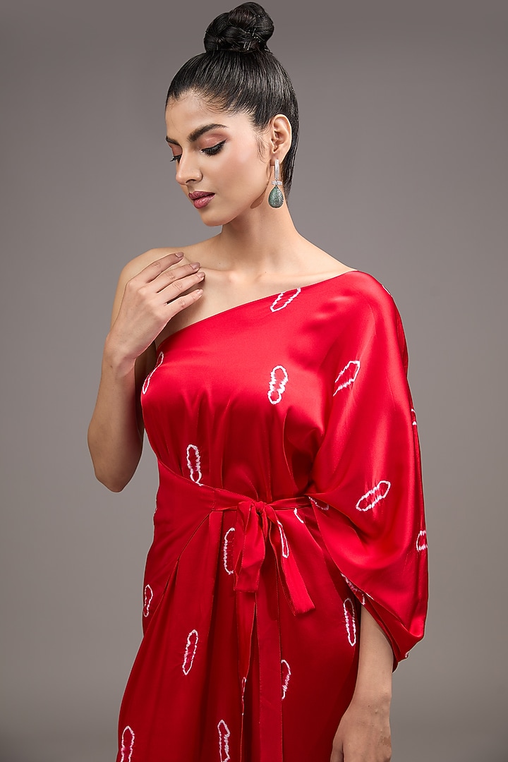 Red Silk Lycra Satin Tie-Dye One-Shoulder Wrap Vacation Dress by Stephany at Pernia's Pop Up Shop