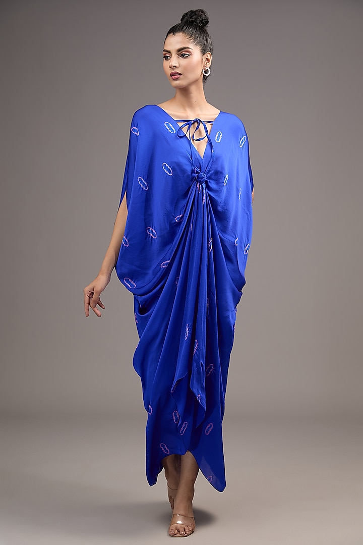 Blue Silk Satin Georgette Tie-Dye Vacation Dress by Stephany at Pernia's Pop Up Shop