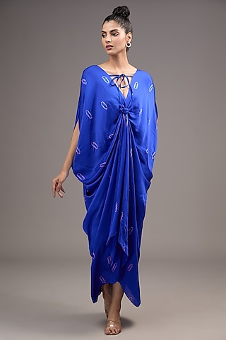 Blue Silk Satin Georgette Tie-Dye Dress by Stephany