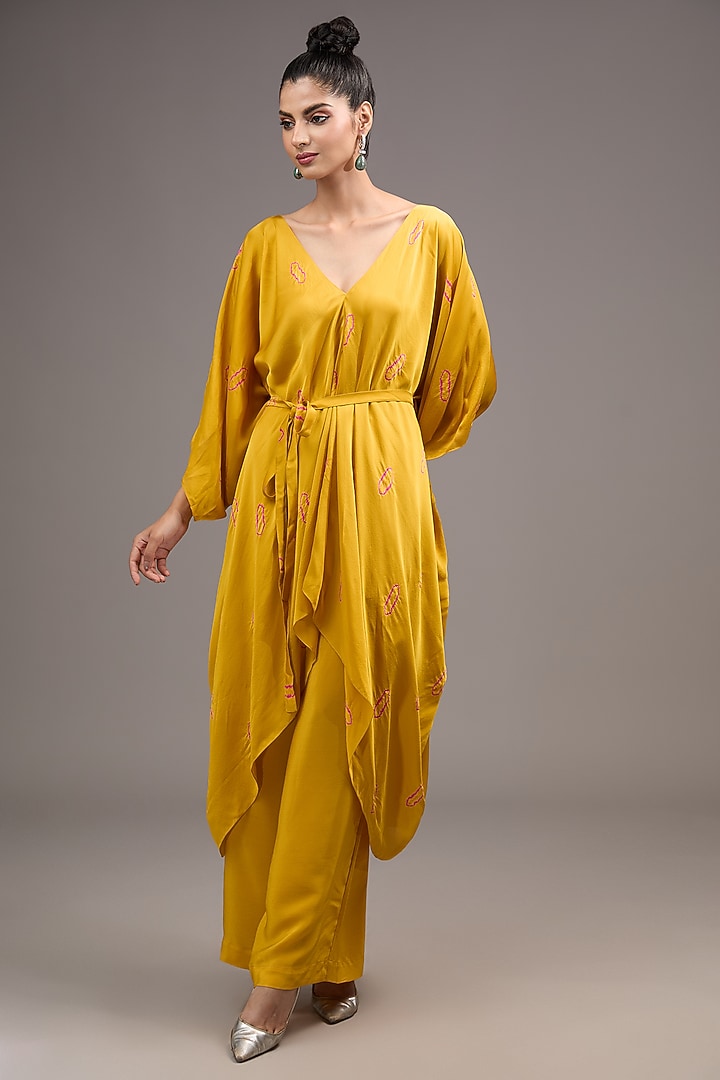 Gold Silk Satin & Georgette Tie-Dye Co-Ord Set by Stephany at Pernia's Pop Up Shop