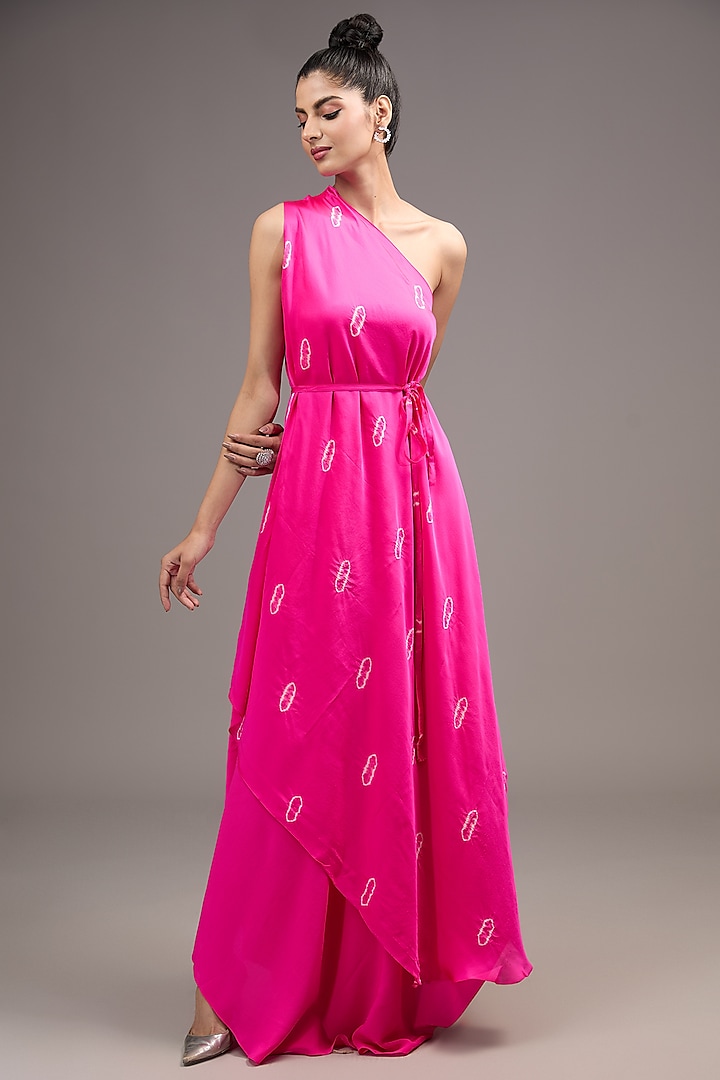 Pink Silk Satin Tie-Dyed One-Shoulder Layered Dress by Stephany at Pernia's Pop Up Shop