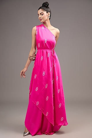Pink Silk Satin Tie-Dyed One-Shoulder Layered Dress by Stephany