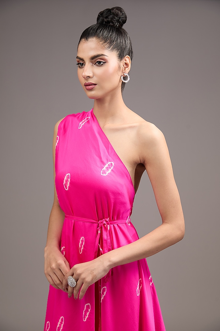 Pink Silk Satin Tie-Dyed One-Shoulder Layered Cocktail Dress by Stephany at Pernia's Pop Up Shop