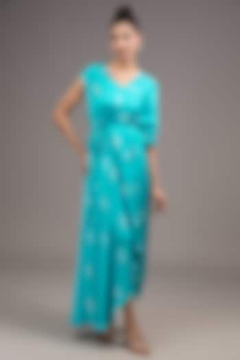 Blue Silk Satin Georgette Tie-Dye Draped Vacation Dress by Stephany at Pernia's Pop Up Shop