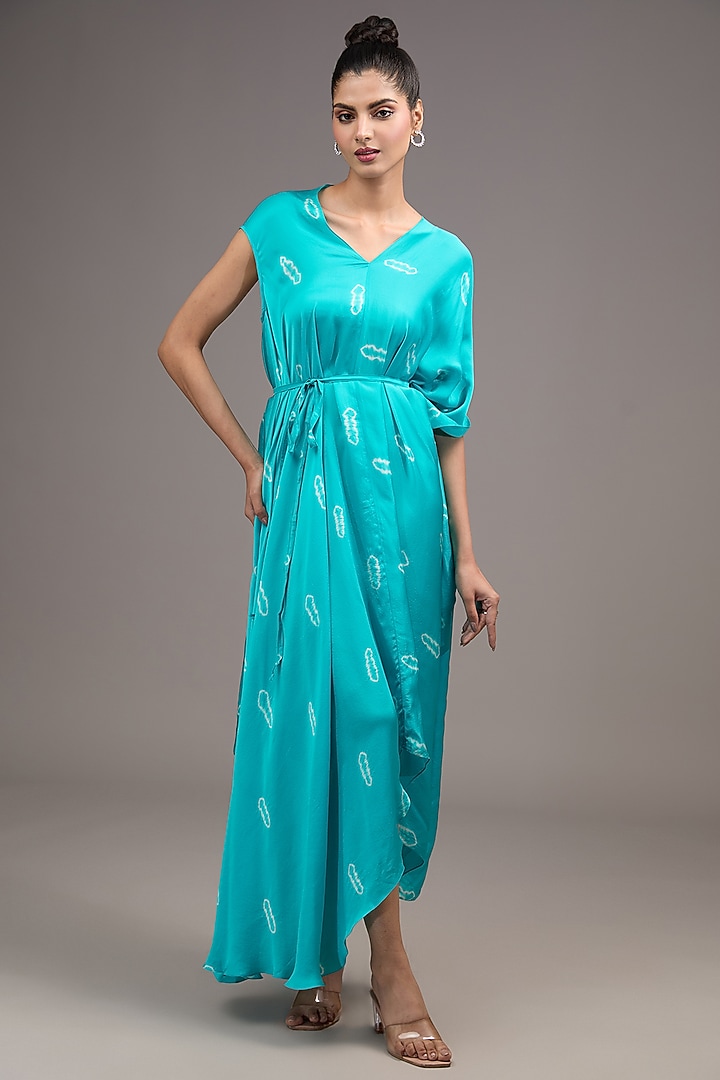 Blue Silk Satin Georgette Tie-Dye Draped Vacation Dress by Stephany at Pernia's Pop Up Shop