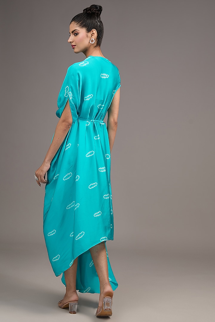 Blue Silk Satin Georgette Tie-Dye Draped Vacation Dress by Stephany at Pernia's Pop Up Shop