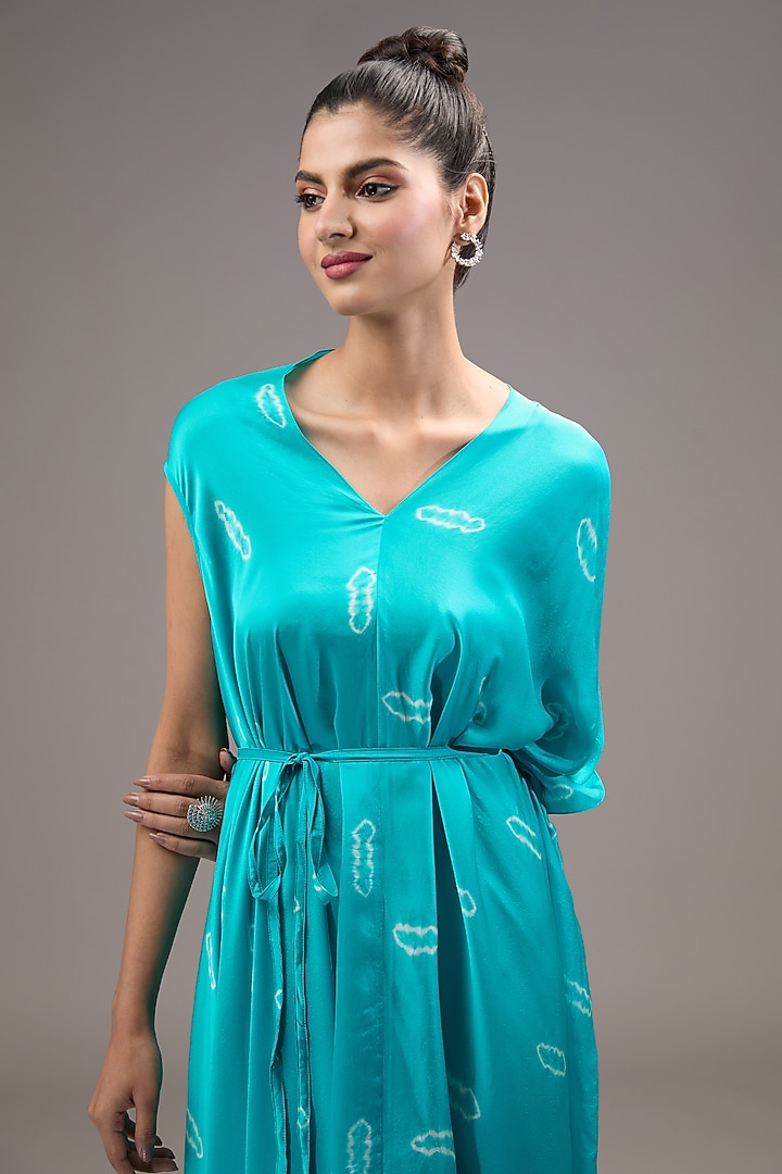 Blue Silk Satin Georgette Tie-Dye Draped Vacation Dress by Stephany at Pernia's Pop Up Shop