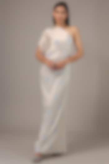 Ivory Silk Lycra Satin Tie-Dye One-Shoulder Maxi Vacation Dress by Stephany at Pernia's Pop Up Shop