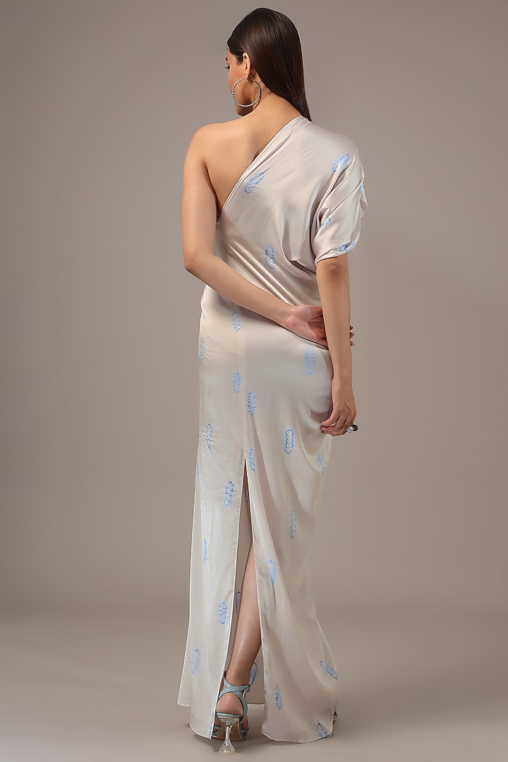Ivory Silk Lycra Satin Tie-Dye One-Shoulder Maxi Vacation Dress by Stephany at Pernia's Pop Up Shop