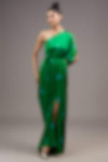 Green Silk Lycra Satin Tie-Dye One-Shoulder Draped Dress by Stephany at Pernia's Pop Up Shop