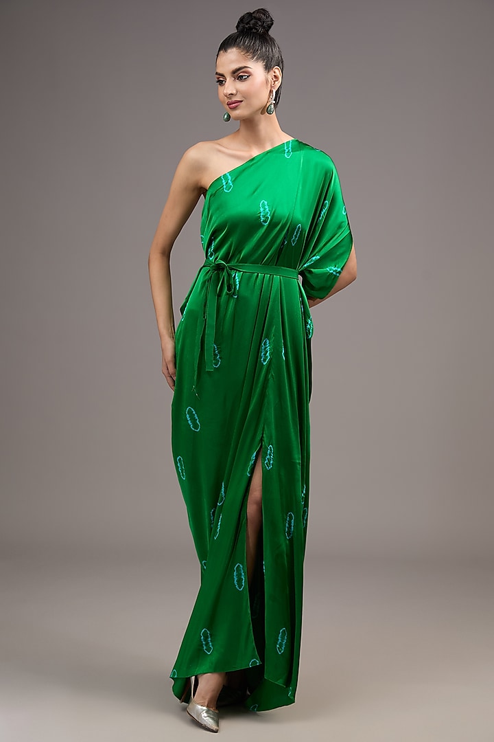 Green Silk Lycra Satin Tie-Dye One-Shoulder Draped Dress by Stephany at Pernia's Pop Up Shop