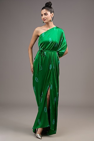 Green Silk Lycra Satin Tie-Dye One-Shoulder Draped Dress by Stephany