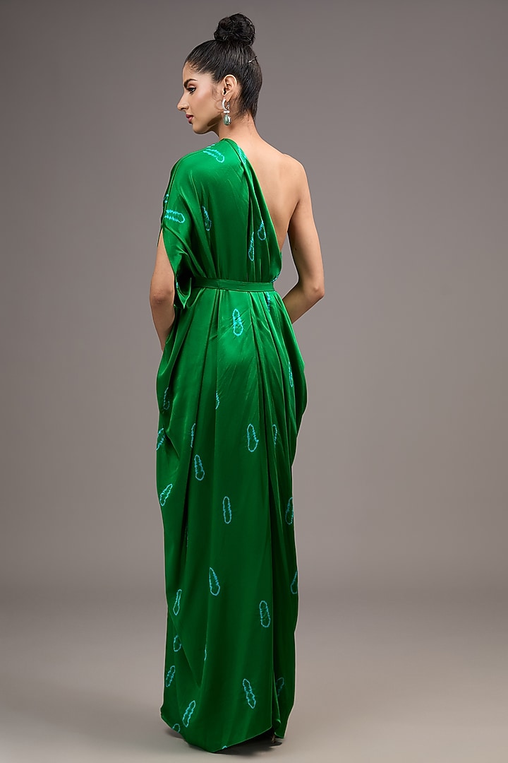 Green Silk Lycra Satin Tie-Dye One-Shoulder Draped Vacation Dress by Stephany at Pernia's Pop Up Shop