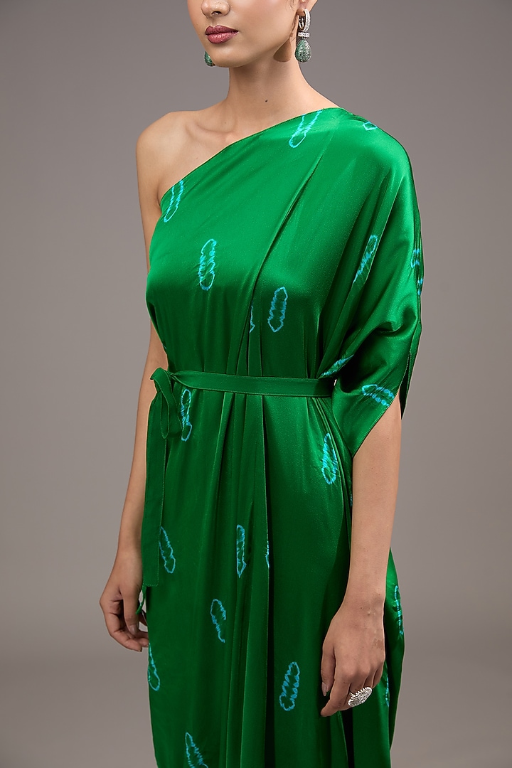 Green Silk Lycra Satin Tie-Dye One-Shoulder Draped Vacation Dress by Stephany at Pernia's Pop Up Shop