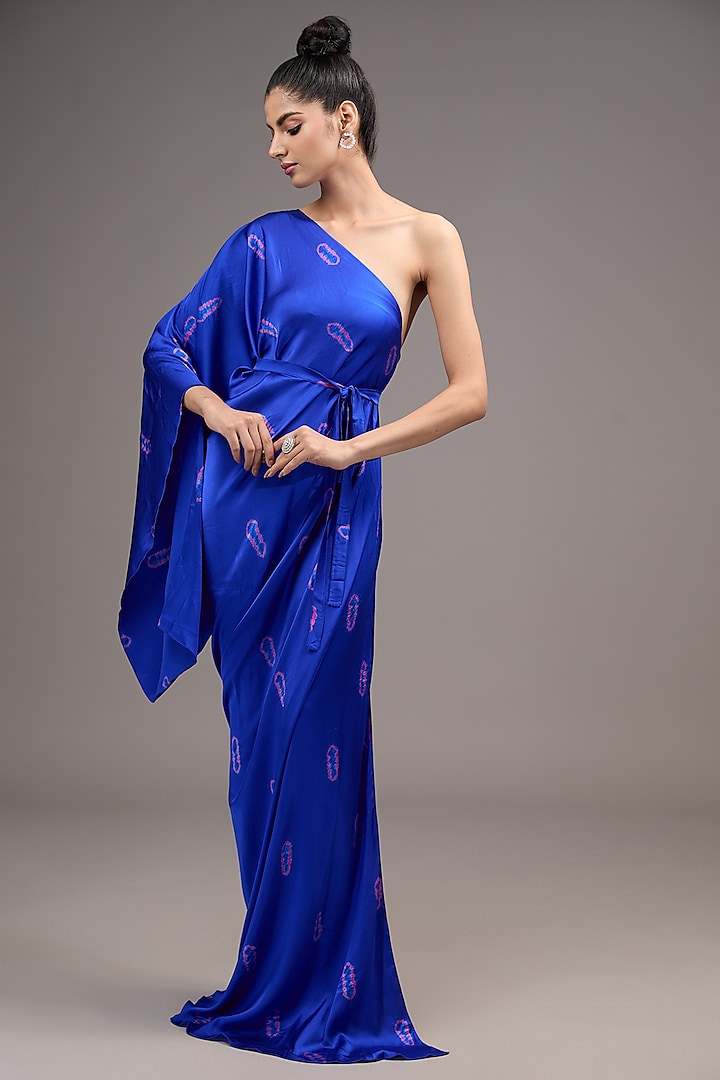 Blue Silk Lycra Satin Tie-Dye One-Shoulder Vacation Dress by Stephany at Pernia's Pop Up Shop