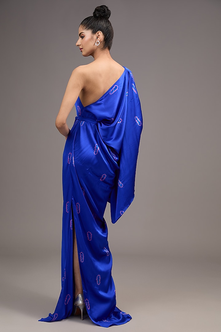 Blue Silk Lycra Satin Tie-Dye One-Shoulder Vacation Dress by Stephany at Pernia's Pop Up Shop