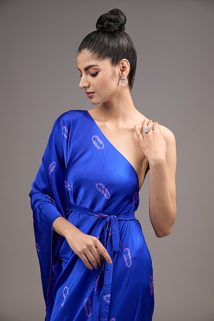 Blue Silk Lycra Satin Tie-Dye One-Shoulder Vacation Dress by Stephany at Pernia's Pop Up Shop