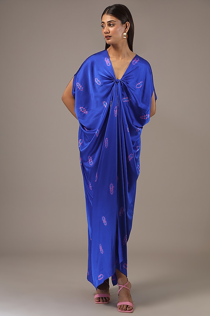 Blue Silk Lycra Satin Tie-Dye Kaftan Dress by Stephany at Pernia's Pop Up Shop