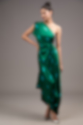 Green Silk Lycra Satin Tie-Dye One-Shoulder Pleated Dress by Stephany at Pernia's Pop Up Shop