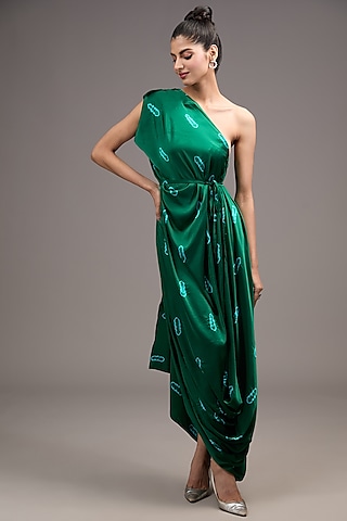 Green Silk Lycra Satin Tie-Dye One-Shoulder Pleated Dress by Stephany
