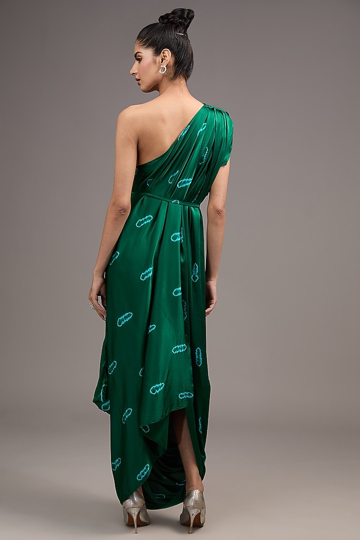 Green Silk Lycra Satin Tie-Dye One-Shoulder Pleated Vacation Dress by Stephany at Pernia's Pop Up Shop