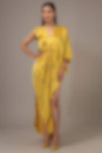 Yellow Silk Lycra Satin Tie-Dye Maxi Dress by Stephany at Pernia's Pop Up Shop