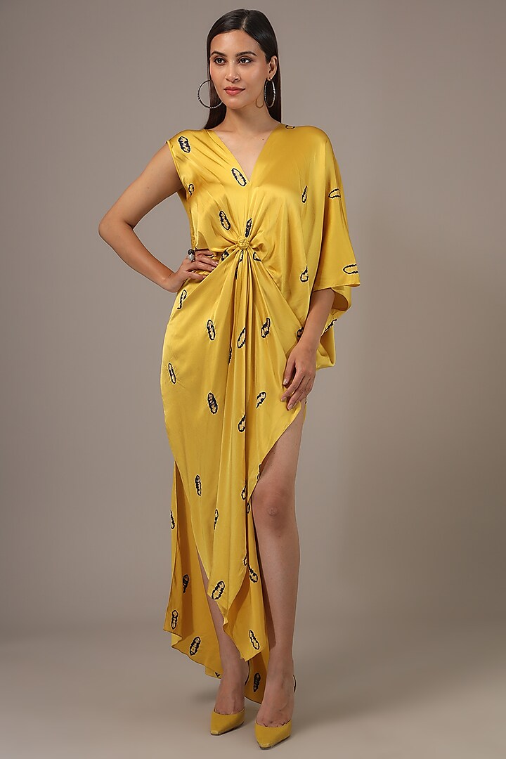 Yellow Silk Lycra Satin Tie-Dye Maxi Dress by Stephany at Pernia's Pop Up Shop