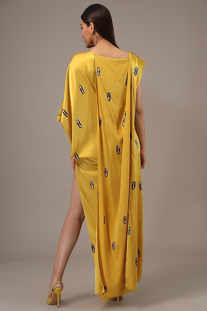 Yellow Silk Lycra Satin Tie-Dye Maxi Vacation Dress by Stephany at Pernia's Pop Up Shop