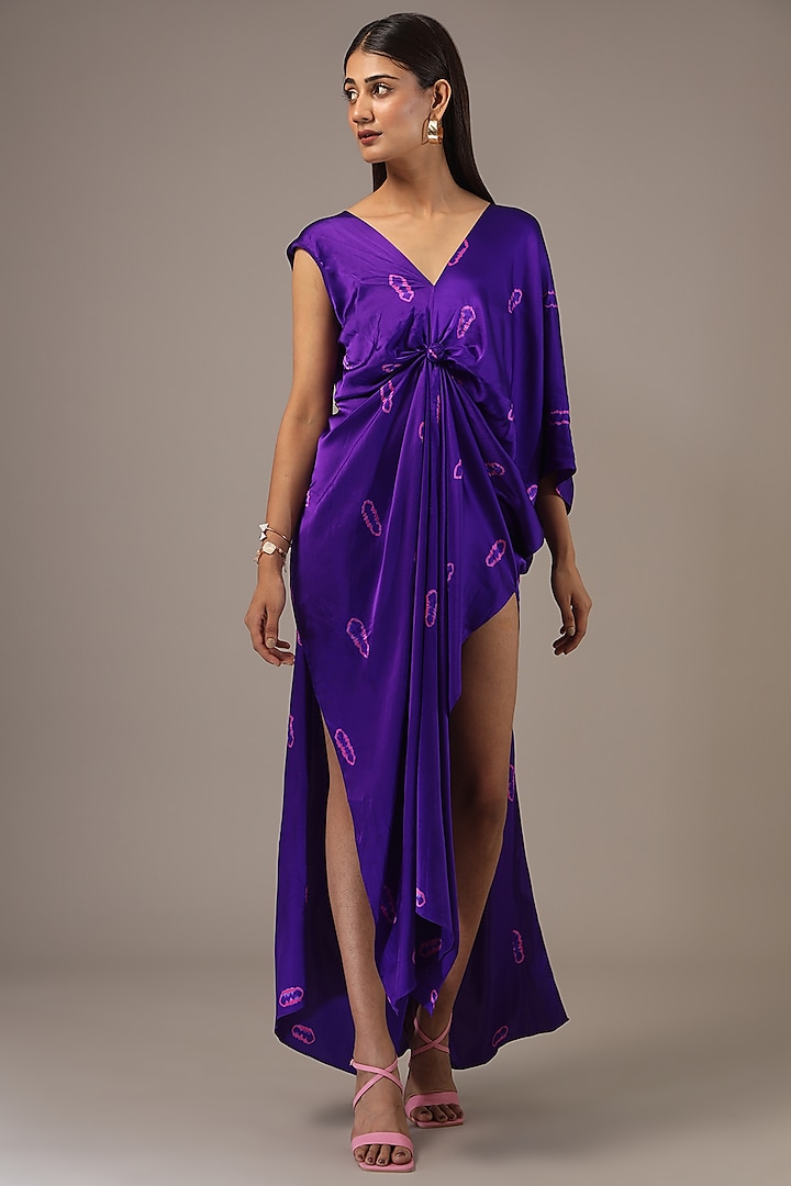 Purple Silk Lycra Satin Tie-Dye Maxi Dress by Stephany at Pernia's Pop Up Shop