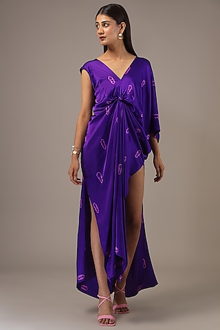 Purple Silk Lycra Satin Tie-Dye Maxi Dress by Stephany