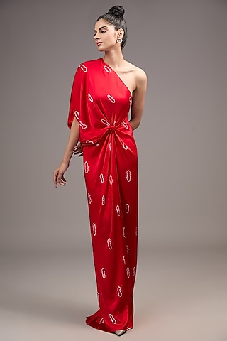 Red Silk Lycra Satin Tie-Dye One-Shoulder Dress by Stephany