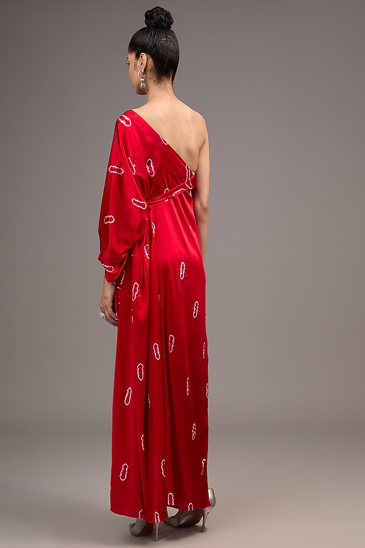 Red Silk Lycra Satin Tie-Dye One-Shoulder Vacation Dress by Stephany at Pernia's Pop Up Shop