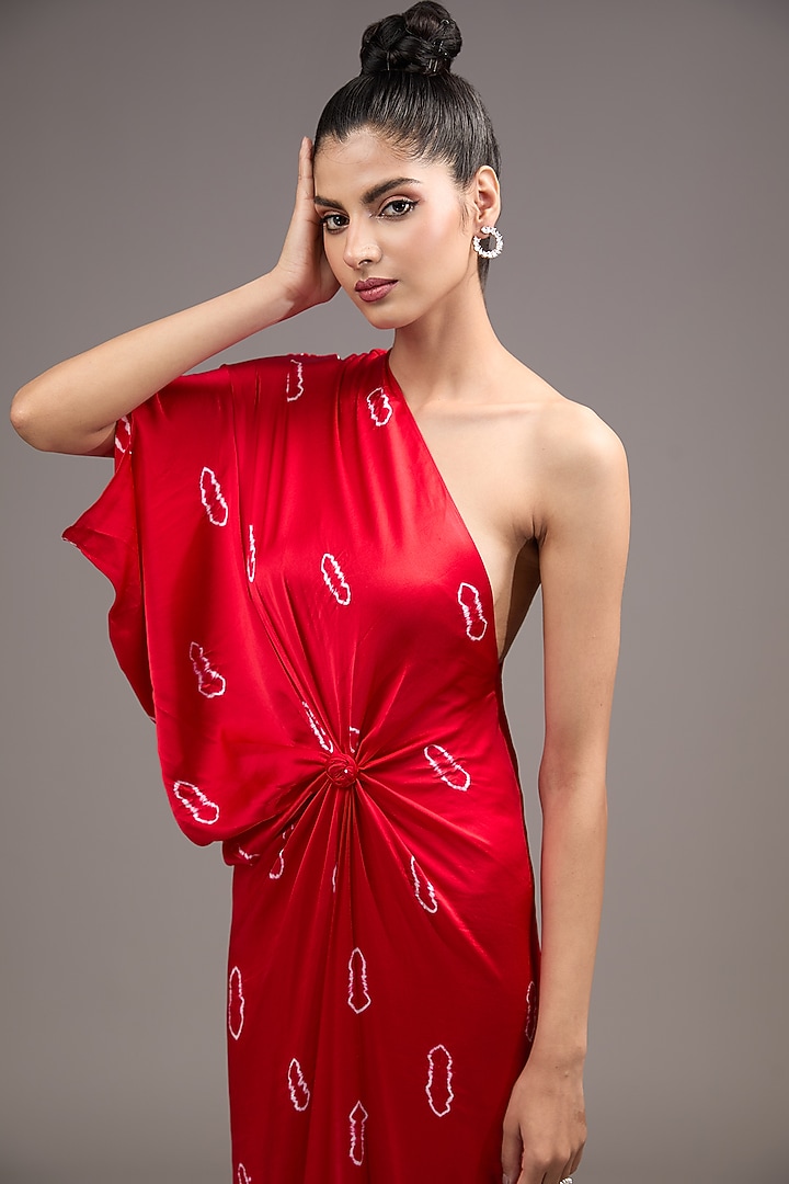 Red Silk Lycra Satin Tie-Dye One-Shoulder Vacation Dress by Stephany at Pernia's Pop Up Shop