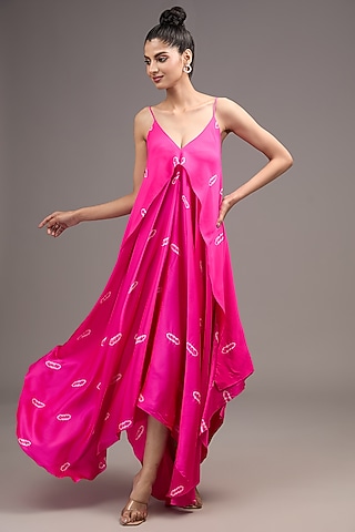 Pink Silk Lycra Satin Tie-Dye Dress by Stephany