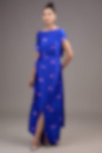 Blue Silk Lycra Satin Tie-Dye Cocktail Dress by Stephany at Pernia's Pop Up Shop