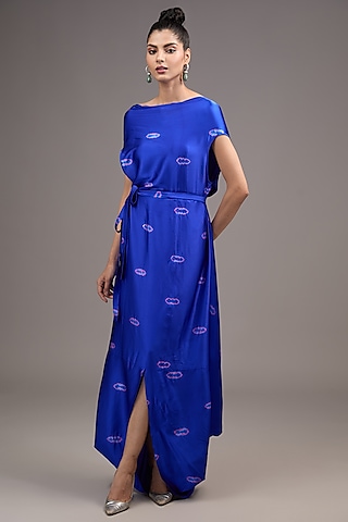 Blue Silk Lycra Satin Tie-Dye Dress by Stephany
