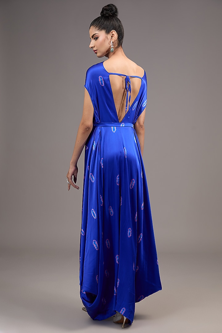 Blue Silk Lycra Satin Tie-Dye Cocktail Dress by Stephany at Pernia's Pop Up Shop