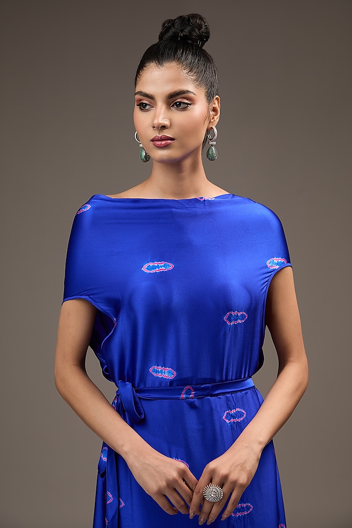 Blue Silk Lycra Satin Tie-Dye Cocktail Dress by Stephany at Pernia's Pop Up Shop