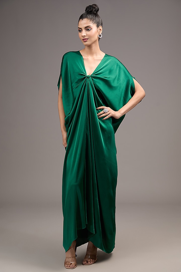 Green Silk Lycra Satin Knotted Kaftan by Stephany at Pernia's Pop Up Shop